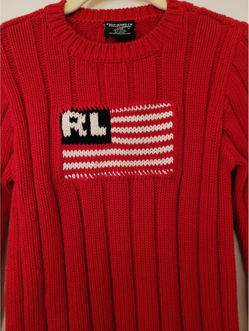 Ralph Lauren Polo Jeans Company Sweater Woman's Med Red RL Flag Chunky Knit Y2K - Picture 2 of 9